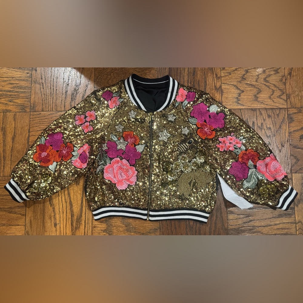 Nicole Miller Gold Sequin Floral Bomber Jacket (sample)